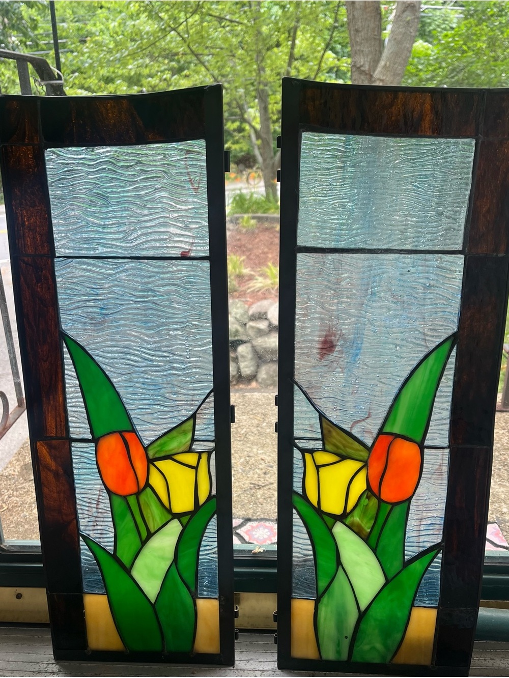 Pair of Stained Glass Tulip Panels - Green, Yellow & Orange